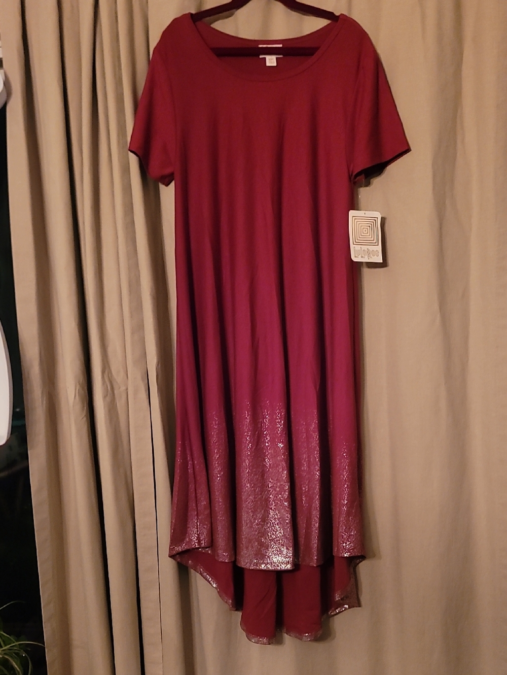 LuLaRoe Burgundy High-Low Short Sleeve Elegant Carly Dress With gold Dip
